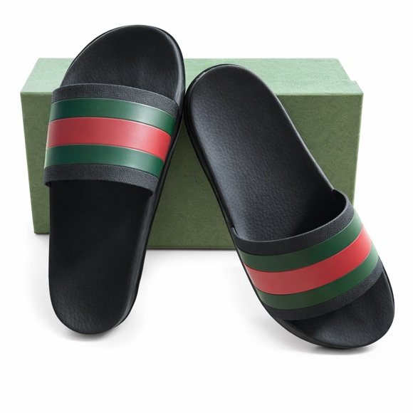 Gucci Men’s Black Web Stripe Rubber Slides Sandals Sz 12 w/ Box